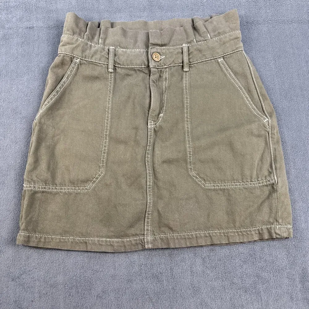 free people Mini Skirt Womens Size 8 Olive Green Paperbag Waist Boho Pockets